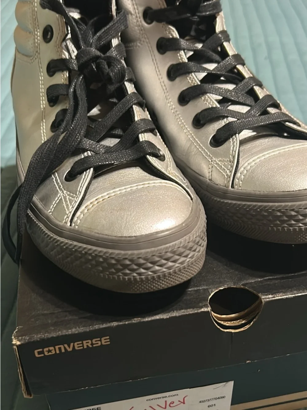 Converse Metallic Silver High-Top Sneakers with Black Laces - Picture 1 of 3